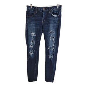 American Eagle Jegging Ankle Super Stretch Blue Denim Jeans Womans 8  Distressed